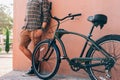 Unrecognizable Adult Male Standing With Bicycle Near Wall Lifestyle Resting Concept Royalty Free Stock Photo