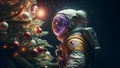 unrecognizable astronaut stands next to decorated christmas tree, neural network generated art