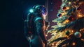 unrecognizable astronaut stands next to decorated christmas tree, neural network generated art