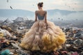 An unrecognizable ballerina stands in the middle of a garbage dump. Environmental pollution. generative AI