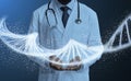 Unrecognizable black doctor in lab coat holding shiny DNA spiral in his hands, collage