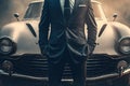 Unrecognizable businessman in suit stands next to luxury retro car. Concept of wealth and success. Created with
