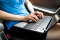 Unrecognizable businesswoman sitting in car with laptop computer on her knees