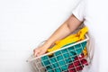 Woman with clean clothes in laundry basket. Royalty Free Stock Photo