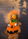 Unrecognizable child in an orange pumpkin costume with a grin holds a pumpkin in front of his face