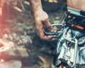 Unrecognizable Climber Man Wearing In Safety Harness Check Climbing Equipment Outdoor Activity Royalty Free Stock Photo