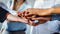 Unrecognizable Colleagues Holding Hands In Circle In Office, Panorama, Closeup