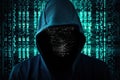 Unrecognizable computer hacker with hoodie and obscured face. Abstract technology, cyber security, cyber attack
