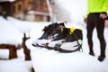 Unrecognizable couple getting ready for cross-country skiing. Royalty Free Stock Photo