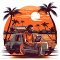 Unrecognizable digital nomad man traveling the world working, illustration for logo. Royalty Free Stock Photo