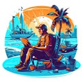 Unrecognizable digital nomad man traveling the world working, illustration for logo. Royalty Free Stock Photo