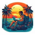 Unrecognizable digital nomad man traveling the world working, illustration for logo. Royalty Free Stock Photo