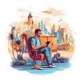 Unrecognizable digital nomad man traveling the world working, illustration for logo. Royalty Free Stock Photo