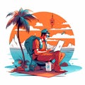 Unrecognizable digital nomad man traveling the world working, illustration for logo. Royalty Free Stock Photo