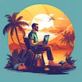 Unrecognizable digital nomad man traveling the world working, illustration for logo. Royalty Free Stock Photo