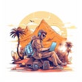 Unrecognizable digital nomad man traveling the world working, illustration for logo. Royalty Free Stock Photo