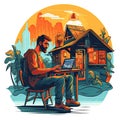 Unrecognizable digital nomad man traveling the world working, illustration for logo. Royalty Free Stock Photo