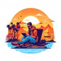 Unrecognizable digital nomad man traveling the world working, illustration for logo. Royalty Free Stock Photo