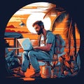 Unrecognizable digital nomad man traveling the world working, illustration for logo. Royalty Free Stock Photo