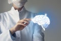 Unrecognizable doctor caring highlighted blue handrawn Brain. Medical illustration, template, science mockup