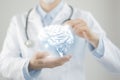 Unrecognizable doctor holding highlighted handrawn Brain in hands. Medical illustration, template, science mockup