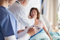 Unrecognizable doctor and nurse examining a woman patient in hospital.