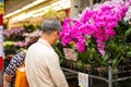 Unrecognizable elderly asian man choose various beautyful pink orchid in pots for gift in street flower market
