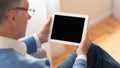 Unrecognizable Elderly Man Using Tablet Sitting At Home, Panorama, Mockup