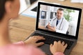 Unrecognizable female patient having online video call with doctor on laptop, indoors Royalty Free Stock Photo