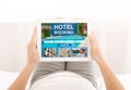 Unrecognizable Girl Booking Hotel Using Tablet Sitting At Home, Collage