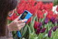 Unrecognizable girl with compact camera taking photo of blossom flowers. Modern technology, hobby concept Royalty Free Stock Photo