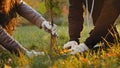 Unrecognizable group people activists plant trees in autumn park fertilize ground working improve environment care Royalty Free Stock Photo