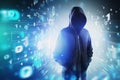 Unrecognizable hacker and binary numbers interface Royalty Free Stock Photo