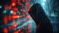 Unrecognizable hacker in a hoodie with digital code backdrop in a concept of cyber security silhouette