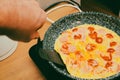 Unrecognizable male cooking scrambled eggs with tomatoes on frying pan Royalty Free Stock Photo