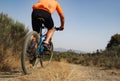 Unrecognizable male cyclists from behind pedaling down a dirt road in nature. Mountain biking