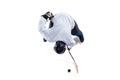 Unrecognizable male hockey player with the stick on ice court and white background
