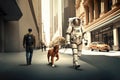 Unrecognizable man in an astronaut space suit and helmet walking his dog on the street of a big city. Funny daily life concept. Royalty Free Stock Photo