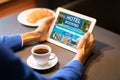 Unrecognizable Man Booking Hotel On Tablet Sitting In Cafe, Collage