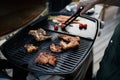 Unrecognizable man grilling meat and vegetable on grill during family summer garden party, close-up Royalty Free Stock Photo