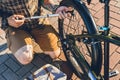Unrecognizable Man Hands Pumping Wheel Bike, Preparing For Trip, Maintenance Transport Concept Royalty Free Stock Photo