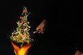 Unrecognizable man holding wok pan above fire and cooking pasta with cherry tomatoes, onion and basil against black Royalty Free Stock Photo