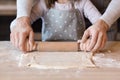 Unrecognizable Man And Little Daughter Rolling Pastry Dough Together, Closeup Royalty Free Stock Photo