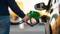 Unrecognizable man refilling vehicle tank at petrol station during energy crisis, Generative AI