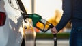 Unrecognizable man refilling vehicle tank at petrol station during energy crisis, Generative AI