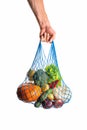 Unrecognizable man`s hand holding a bag of mixed vegetables. Healthy food. Zero waste concept. Isolated on white. Royalty Free Stock Photo