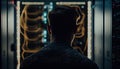 Unrecognizable man in server room, back view. Generative AI Royalty Free Stock Photo