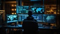 Unrecognizable man sitting against computer monitors in dark room of hacker base.