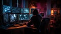 Unrecognizable man sitting against computer monitors in dark room of hacker base.