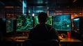 Unrecognizable man sitting against computer monitors in dark room of hacker base.